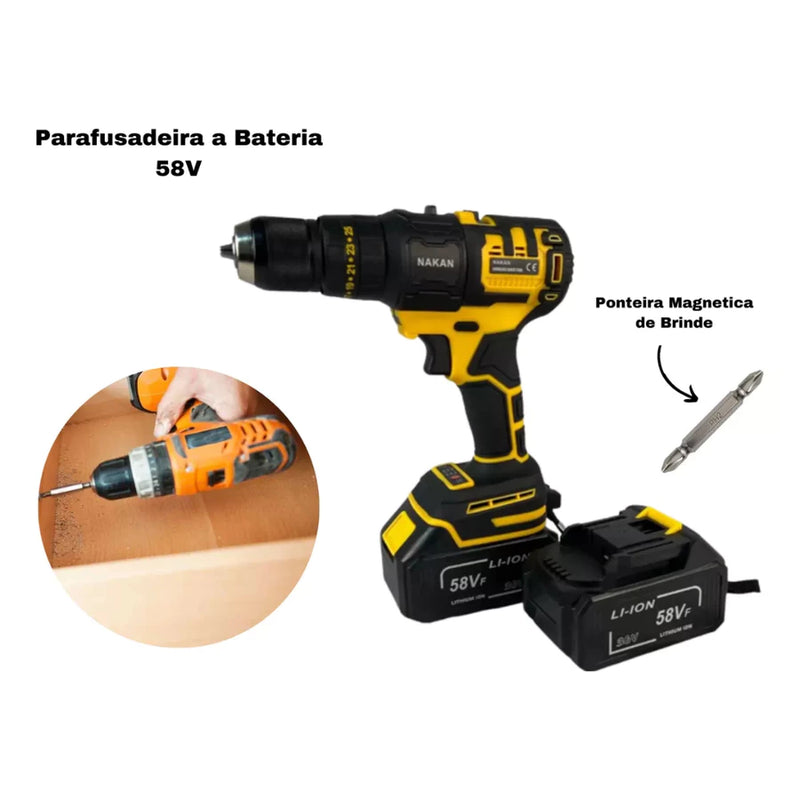 Kit Ferramentas 5 em 1 Furadeira Parafusadeira Motoserra Chave Impacto a Bateria 48V Com Maleta